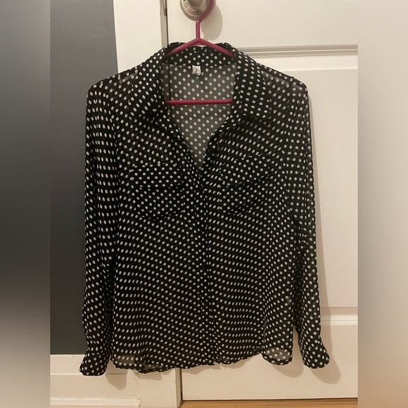 Black sheer button-up blouse with white polka dots. Two breast pockets.  S - Picture 1 of 3